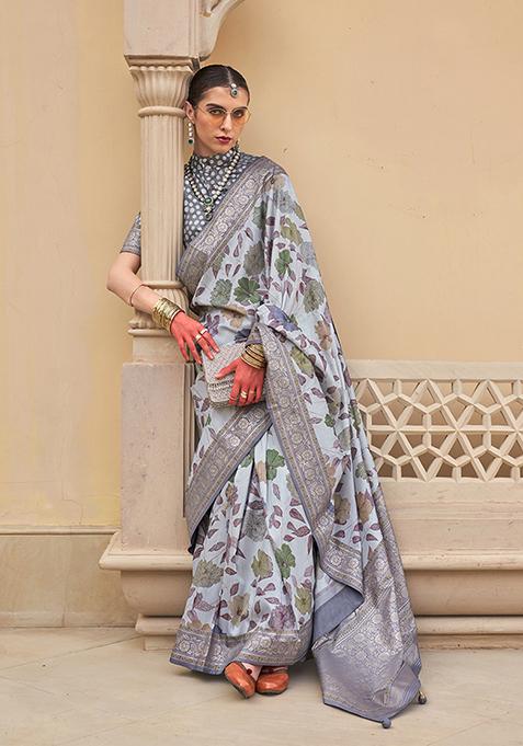 Light Cyan Floral Print Silk Saree Set