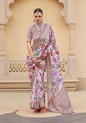 Light Baby Pink Floral Print Silk Saree Set