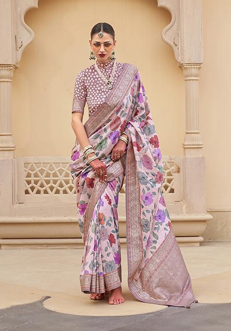 Light Baby Pink Floral Print Silk Saree Set