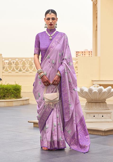 Lilac Floral Print Silk Saree Set