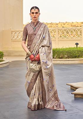 Beige Floral Print Silk Saree Set
