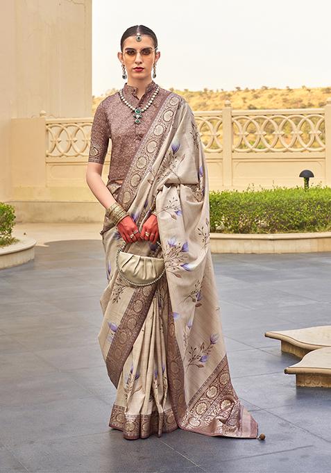 Beige Floral Print Silk Saree Set