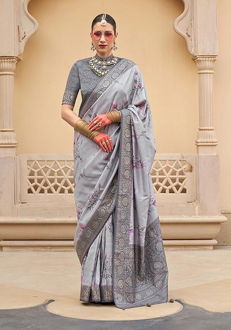 Light Grey Floral Print Silk Saree Set