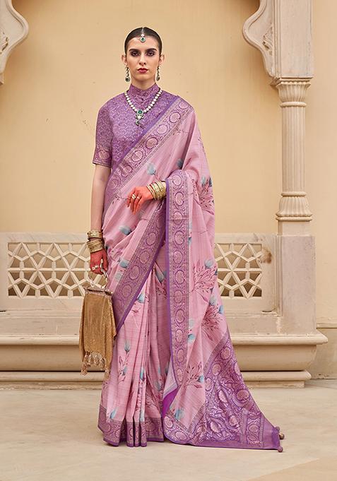 Baby Pink Floral Print Silk Saree Set