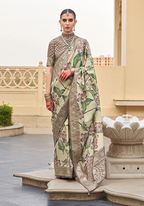 Cream Floral Print Silk Saree Set