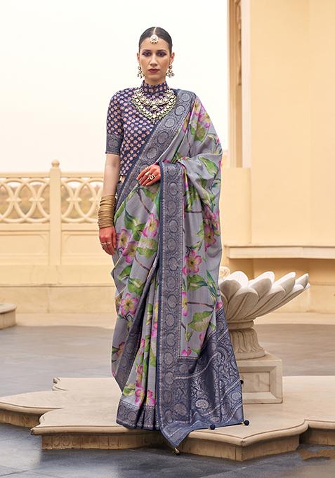 Grey Floral Print Silk Saree Set