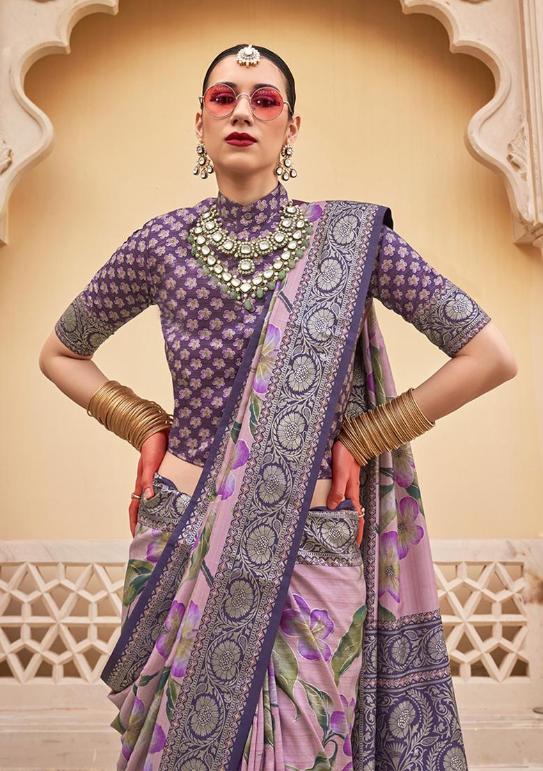 Baby Pink Floral Print Silk Saree Set