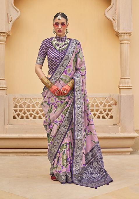 Baby Pink Floral Print Silk Saree Set