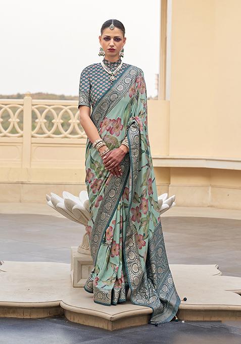 Sea Green Floral Print Silk Saree Set