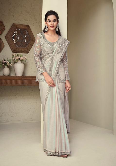 Beige Resham Embroidered Georgette Saree Set