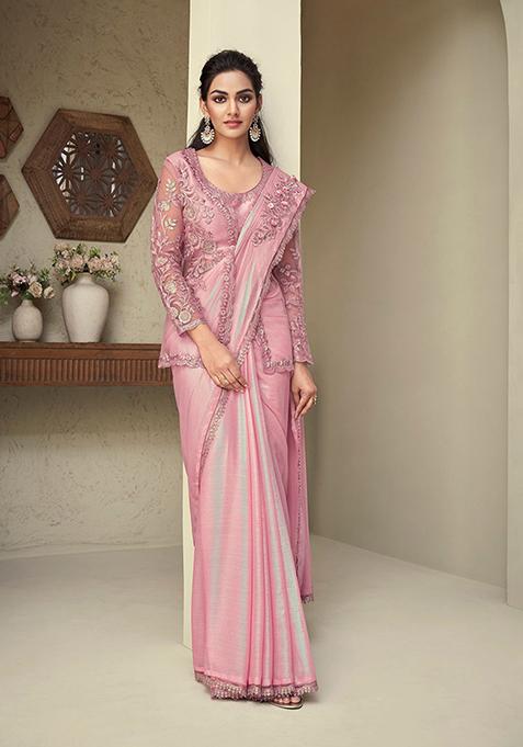 Salmon Resham Embroidered Georgette Saree Set