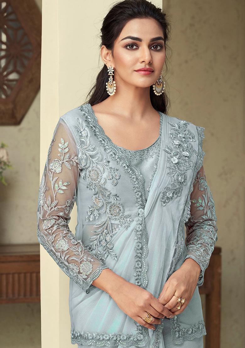 Grey Resham Embroidered Georgette Saree Set