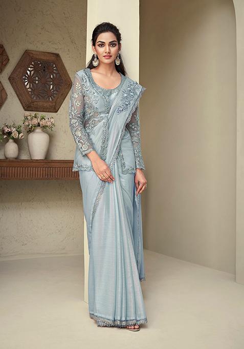 Grey Resham Embroidered Georgette Saree Set