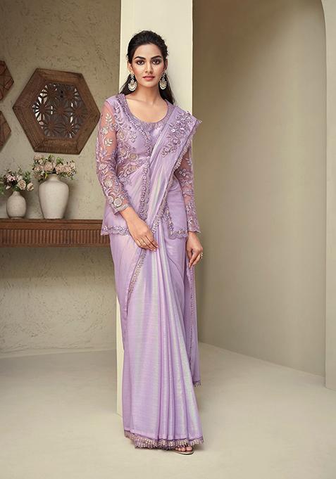 Lilac Resham Embroidered Georgette Saree Set