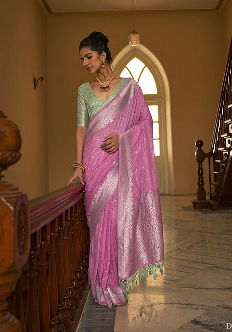 Rose Zari Woven Silk Saree Set