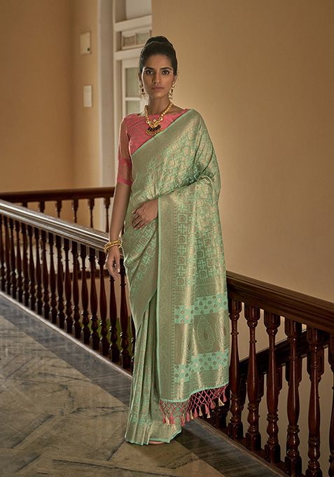 Sea Green Zari Woven Silk Saree Set