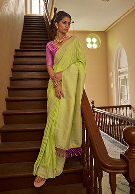Lime Green Zari Woven Silk Saree Set