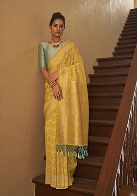 Yellow Zari Woven Silk Saree Set