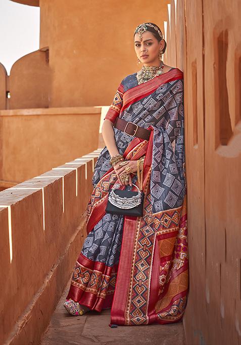 Dark Grey Patola Print Cotton Silk Saree Set