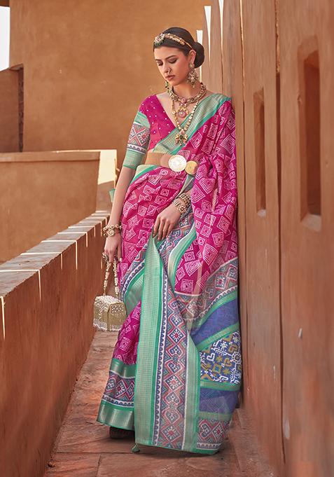 Magenta Patola Print Cotton Silk Saree Set