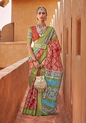 Rust Patola Print Cotton Silk Saree Set