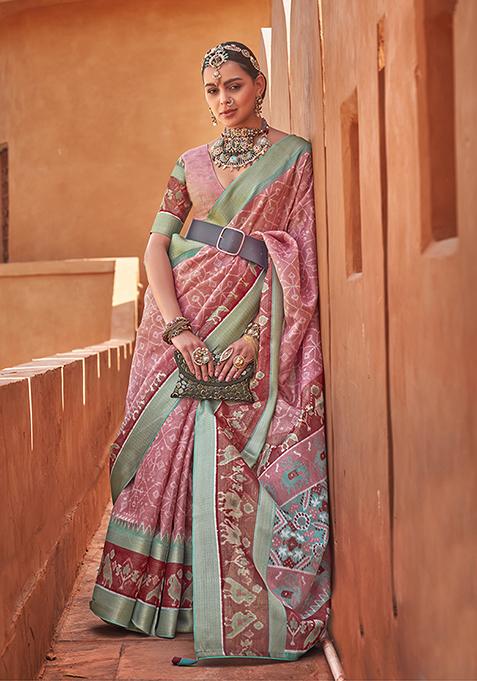 Mauve Patola Print Cotton Silk Saree Set