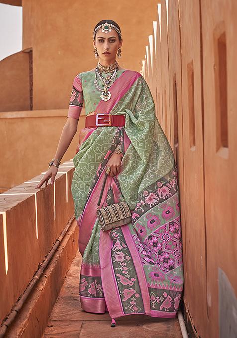 Olive Patola Print Cotton Silk Saree Set