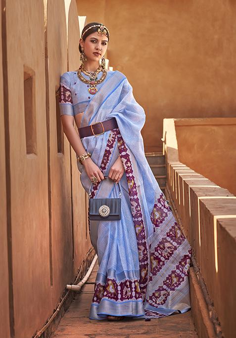 Sky Blue Patola Print Cotton Silk Saree Set