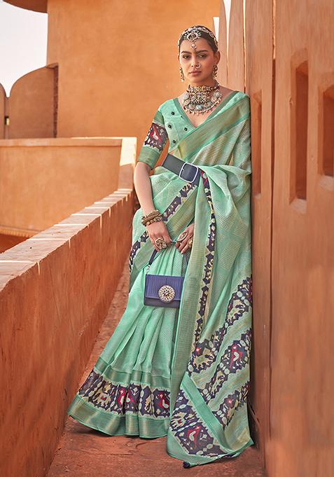 Sea Green Patola Print Cotton Silk Saree Set