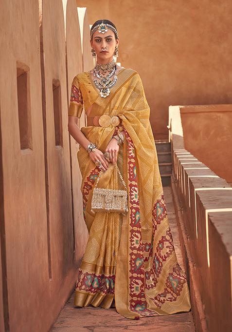 Mustard Patola Print Cotton Silk Saree Set