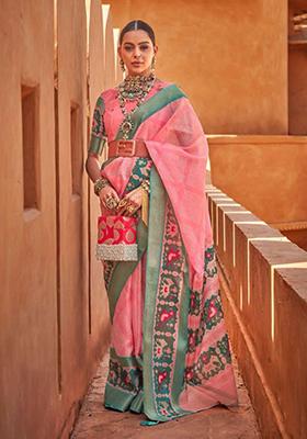 Sea Green Patola Print Cotton Silk Saree Set