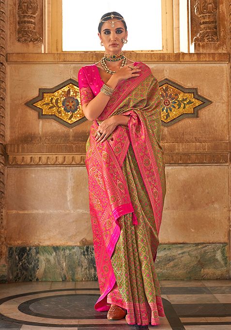 Olive Woven Banarasi Silk Saree Set