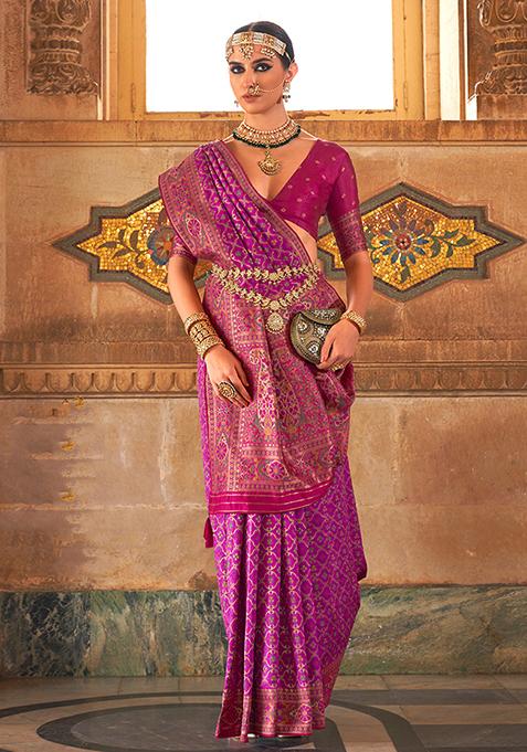 Purple Woven Banarasi Silk Saree Set