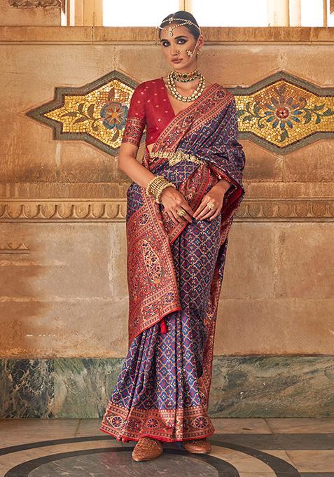 Navy Blue Woven Banarasi Silk Saree Set