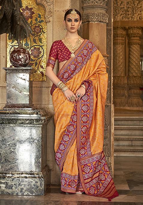 Orange Patola Print Silk Saree Set