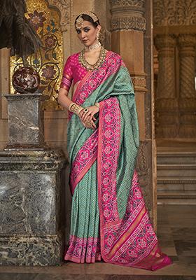 Teal Patola Print Silk Saree Set