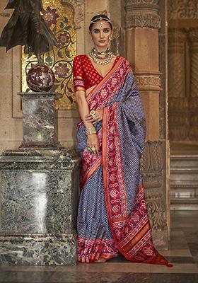 Navy Blue Patola Print Silk Saree Set
