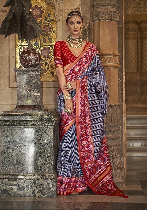 Navy Blue Patola Print Silk Saree Set