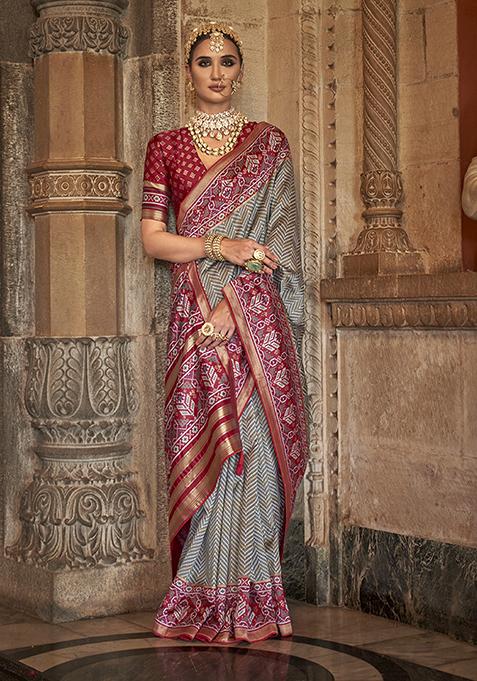 Grey Patola Print Silk Saree Set