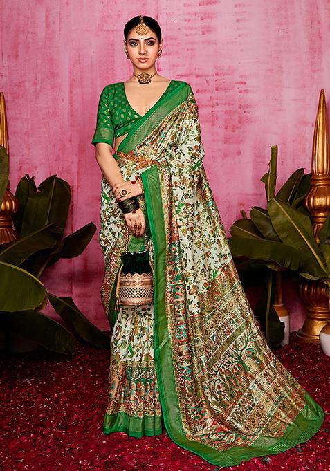 Off White Patola Print Silk Saree Set