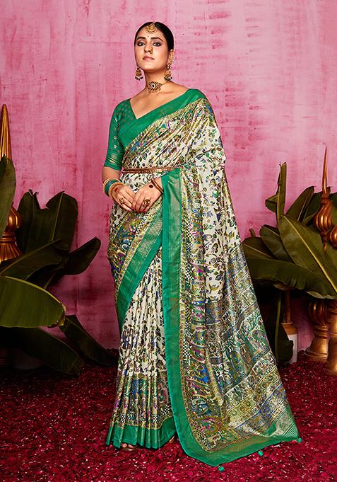 Off White Patola Print Silk Saree Set