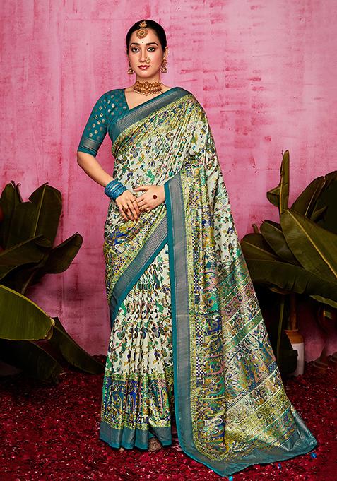 Off White Patola Print Silk Saree Set