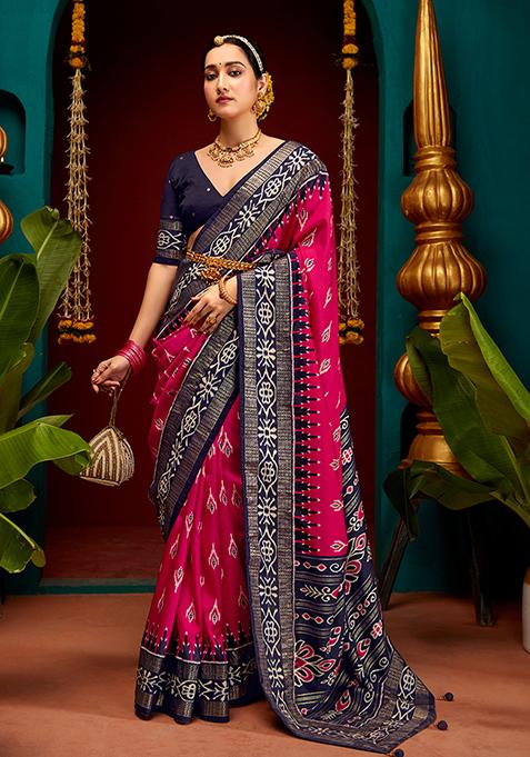 Magenta Woven Silk Saree Set