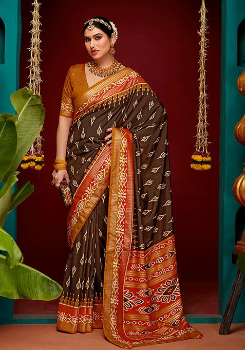 Chocolate Brown Woven Silk Saree Set