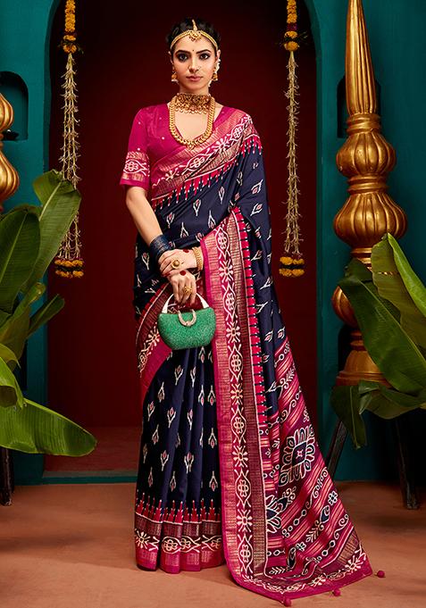 Navy Blue Woven Silk Saree Set