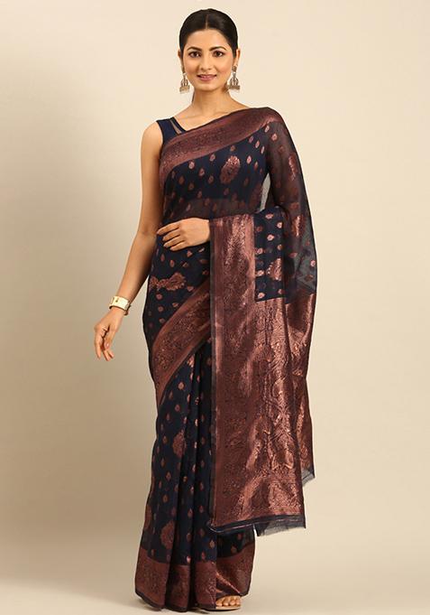 Black Woven Cotton Saree Set