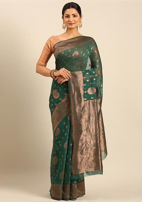 Green Woven Cotton Saree Set