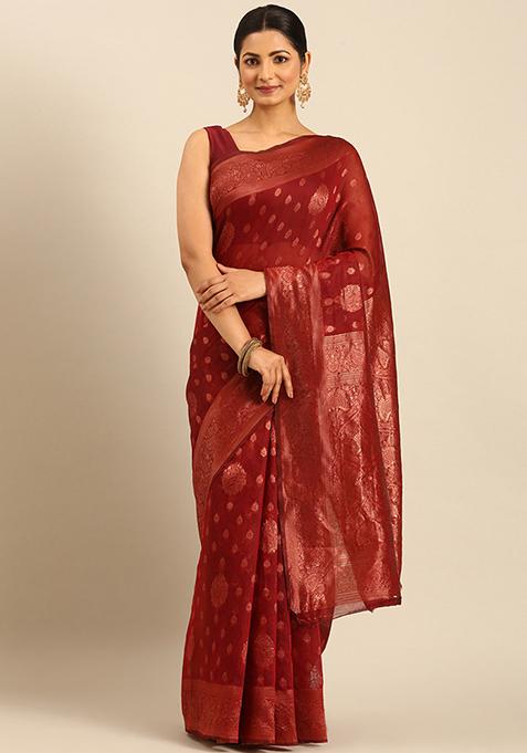 Red Woven Cotton Saree Set