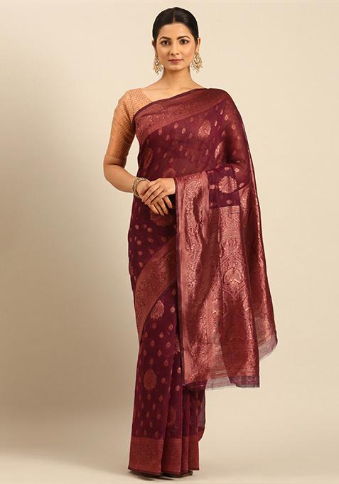 Wine Woven Cotton Saree Set