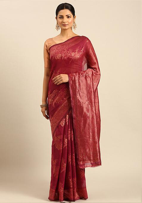 Maroon Woven Cotton Saree Set